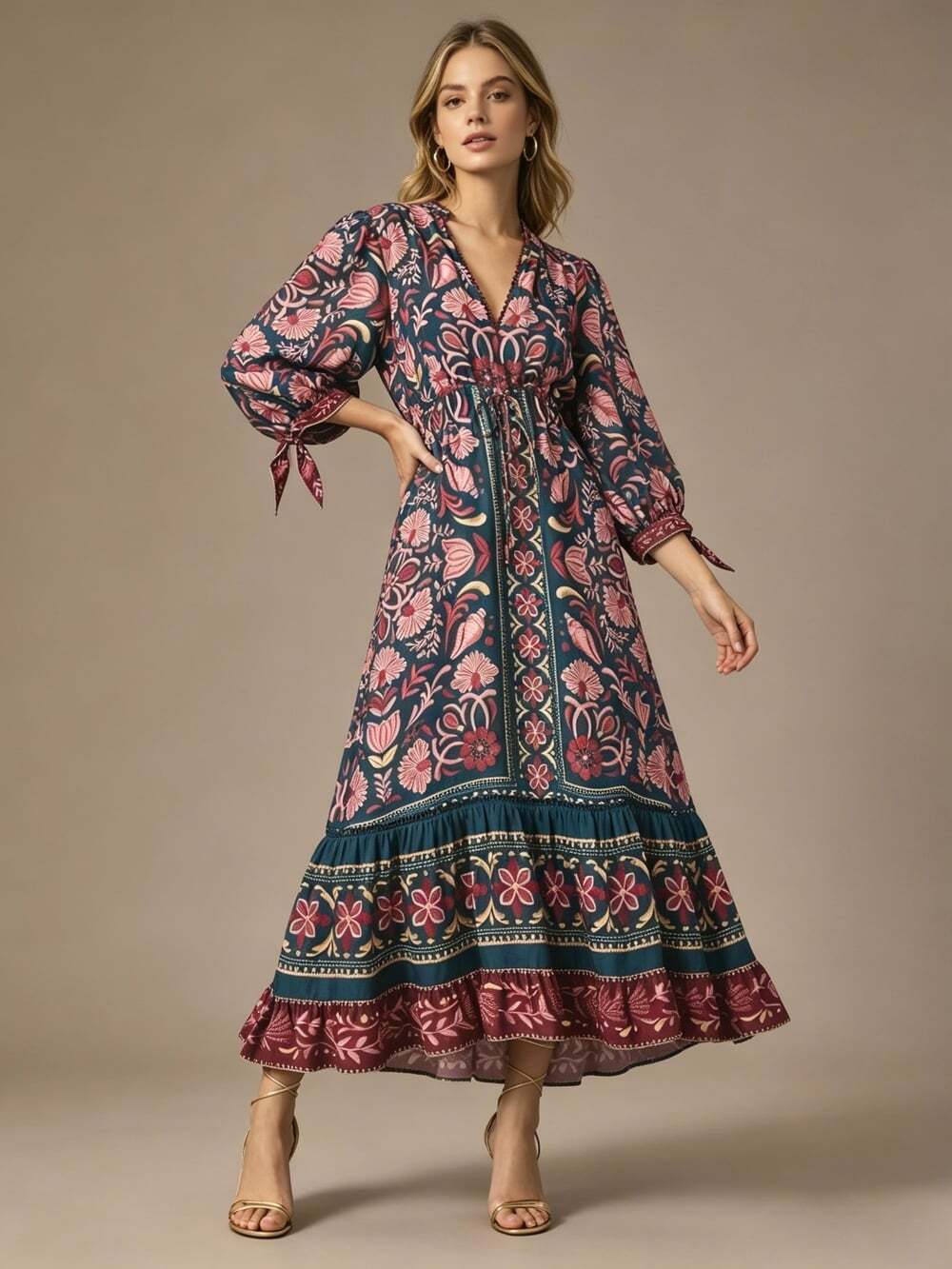 NWOT Farm Rio Floral Beads Tie Printed Tunic Ruffles Maxi Dress Size S
